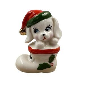 Vintage Glazed Ceramic Christmas Puppy in Stocking Holly Berry Gold Bell Mini